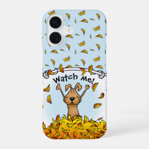 Dog Playing in a Pile of Fall Leaves - Fun Autumn iPhone 16 Case