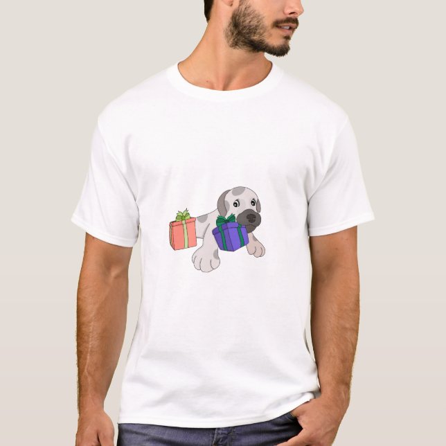 Dog Playing with Gift Boxes T-Shirt (Front)