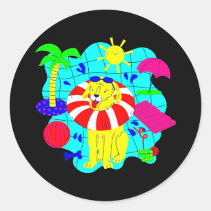 dog pool party palm tree summer cute funny classic round sticker