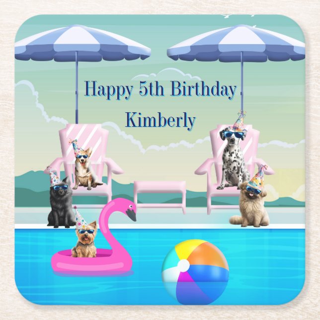 Dog Pool Pawty Square Paper Coaster (Front)