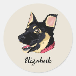Dog Portrait Cute German Shepherd Puppy Name Classic Round Sticker