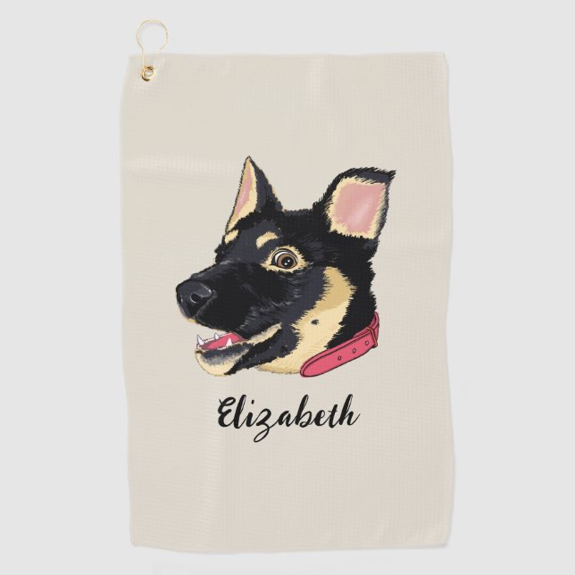 Dog Portrait Cute German Shepherd Puppy Name Golf Towel (Front)