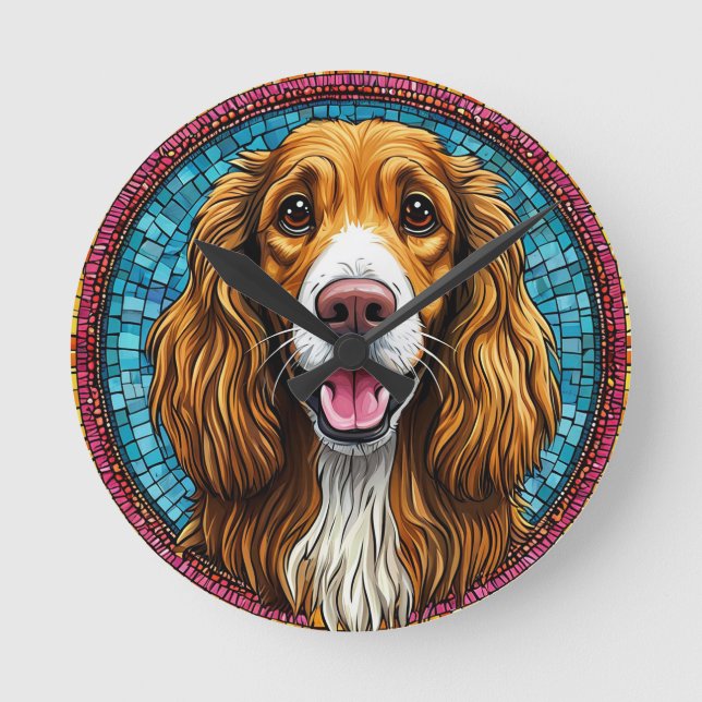 Dog Portrait with Mosaic-Inspired Background Round Clock (Front)