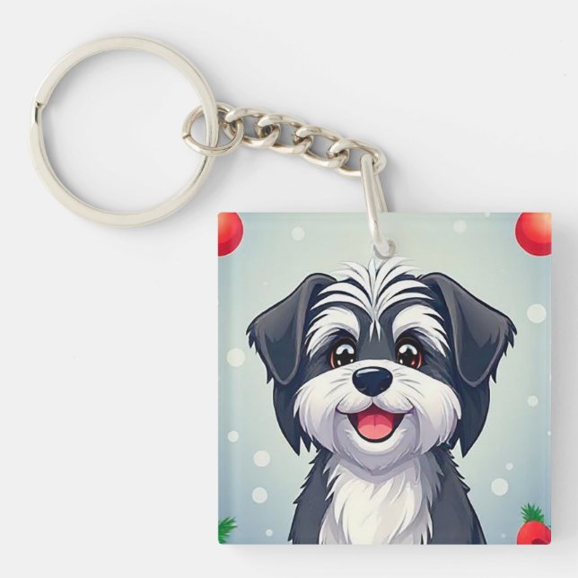 Dog Posing Among Festive Christmas Decorations Key Ring (Front)