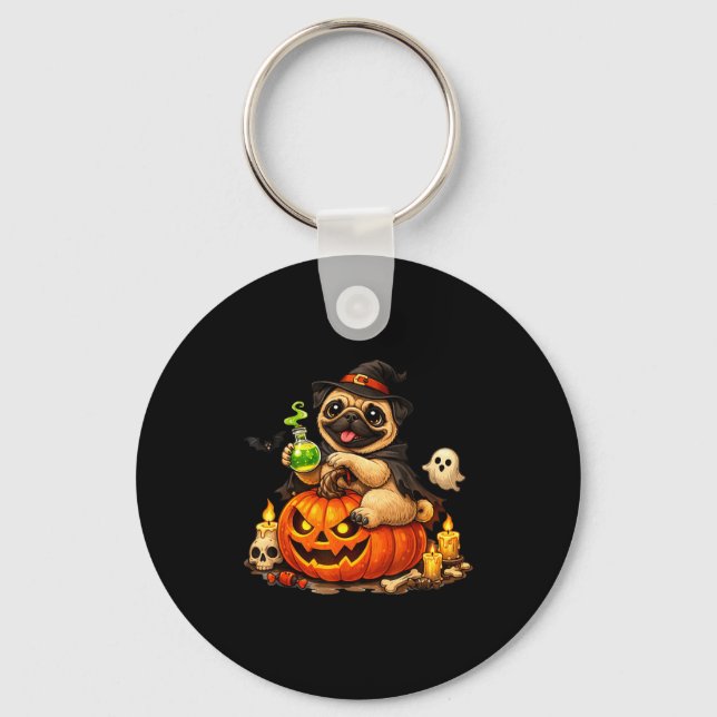 Dog pug jack o lantern pumpkin halloween  key ring (Front)