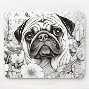 Dog Pug Peaceful Nature Prairie Sketch Drawing Pet Mouse Pad
