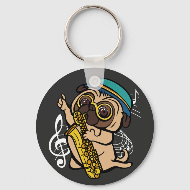 Dog Pug Playing Saxophone Musician Button Key Ring (Front)