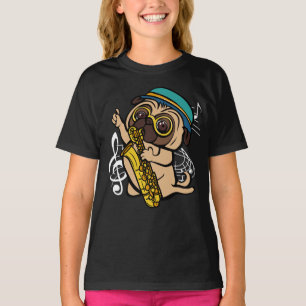 Dog Pug Playing Saxophone Musician Girl T-Shirt