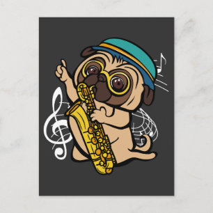 Dog Pug Playing Saxophone Musician Postcard