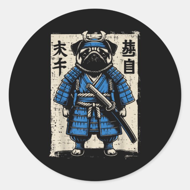 Dog Pug Samurai Funny Japanese Warrior Art Men Wom Classic Round Sticker (Front)