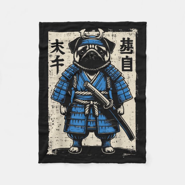 Dog Pug Samurai Funny Japanese Warrior Art Men Wom Fleece Blanket (Front)