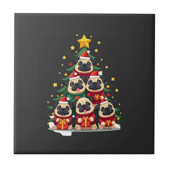 Dog Pugs Christmas Tree Cute Xmas (1) Ceramic Tile (Front)