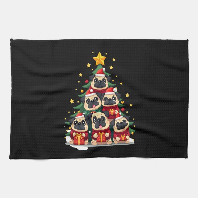 Dog Pugs Christmas Tree Cute Xmas (1) Tea Towel (Horizontal)