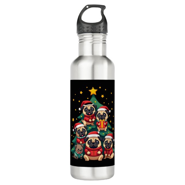Dog Pugs Christmas Tree Cute Xmas (3) 710 Ml Water Bottle (Front)