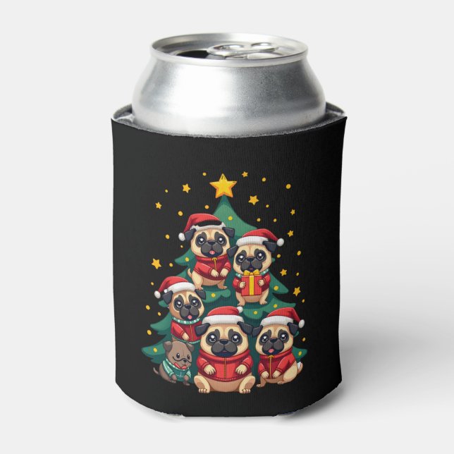 Dog Pugs Christmas Tree Cute Xmas (3) Can Cooler (Can Front)