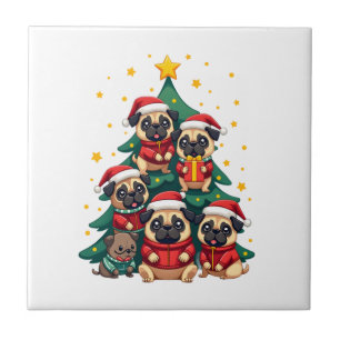 Dog Pugs Christmas Tree Cute Xmas (3) Ceramic Tile