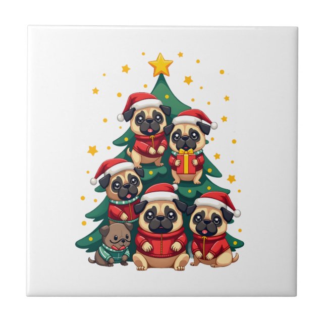 Dog Pugs Christmas Tree Cute Xmas (3) Ceramic Tile (Front)