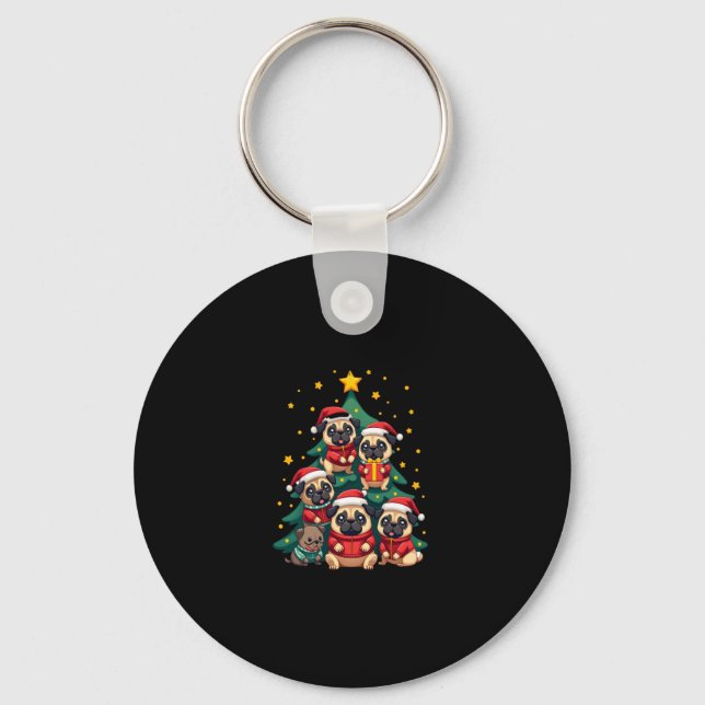 Dog Pugs Christmas Tree Cute Xmas (3) Key Ring (Front)