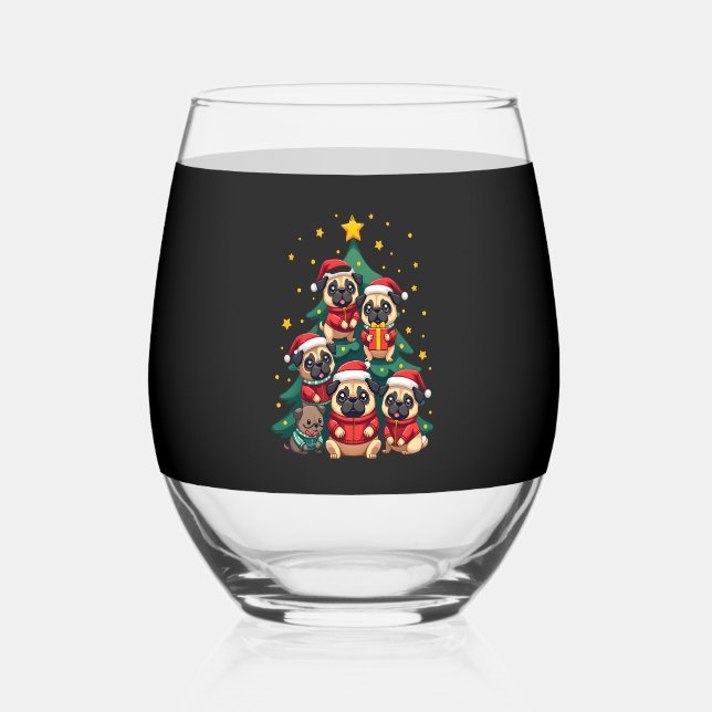 Dog Pugs Christmas Tree Cute Xmas (3) Stemless Wine Glass (Front)