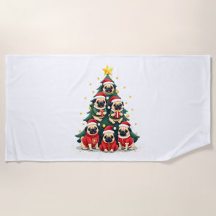 Dog Pugs Christmas Tree Cute Xmas (4) Beach Towel