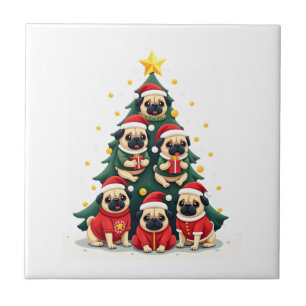 Dog Pugs Christmas Tree Cute Xmas (4) Ceramic Tile