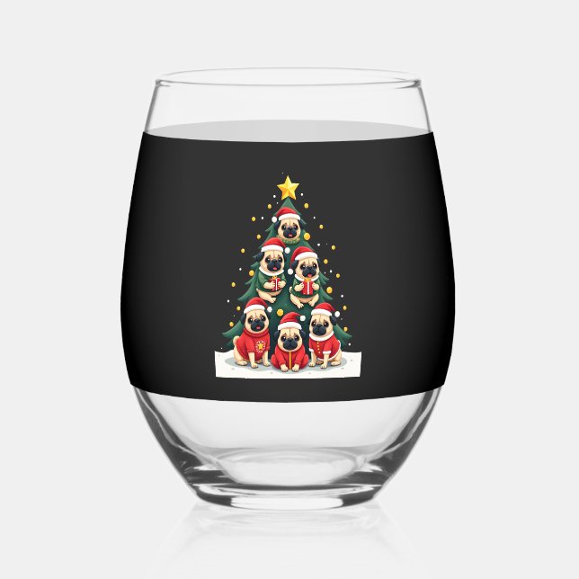 Dog Pugs Christmas Tree Cute Xmas (4) Stemless Wine Glass (Front)