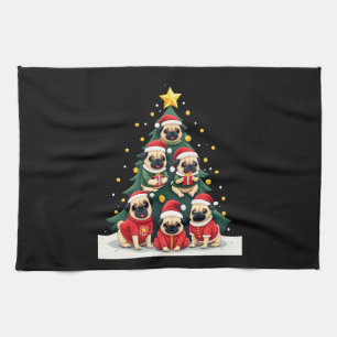Dog Pugs Christmas Tree Cute Xmas (4) Tea Towel