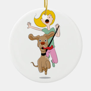 Dog Pulling Woman Cartoon Ceramic Tree Decoration