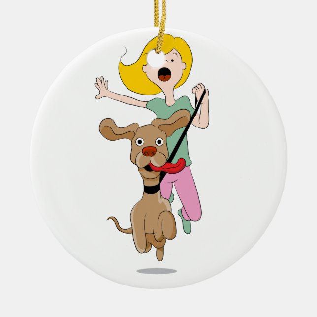 Dog Pulling Woman Cartoon Ceramic Tree Decoration (Front)