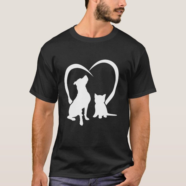 Dog Puppy and Baby Cat Heart Cute Dog and Funny Ca T-Shirt (Front)