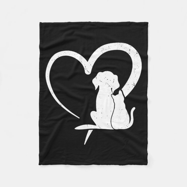 Dog Puppy And Baby Cat Heart For Pets Animal Lover Fleece Blanket (Front)