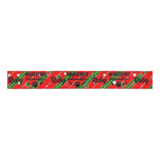 Dog Puppy Paw Adorable Add Name Christmas Ribbon Grosgrain Ribbon (Front)