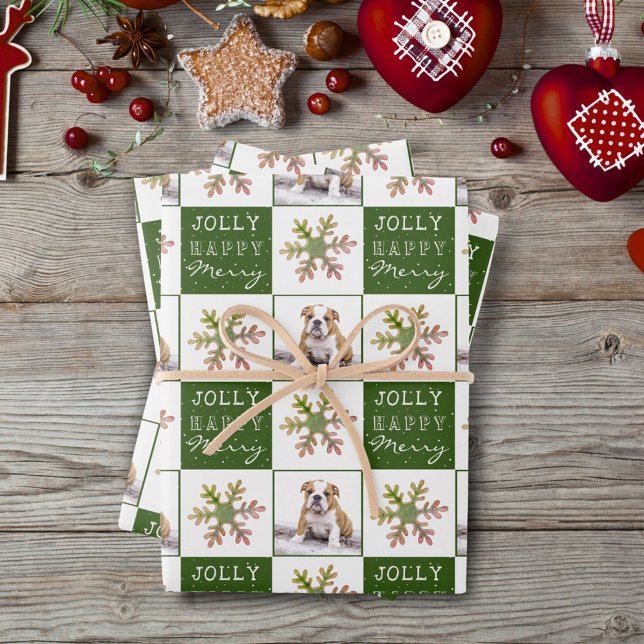 Dog Puppy Pet Photo Snowflake Green Christmas Wrapping Paper Sheet (Creator Uploaded)