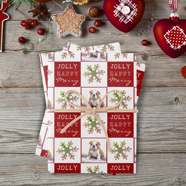 Dog Puppy Pet Photo Snowflake Red Christmas  Wrapping Paper Sheet (Creator Uploaded)
