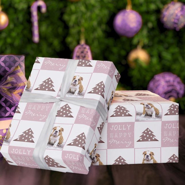 Dog Puppy Pet Pink Typography Christmas Tree Photo Wrapping Paper (Creator Uploaded)