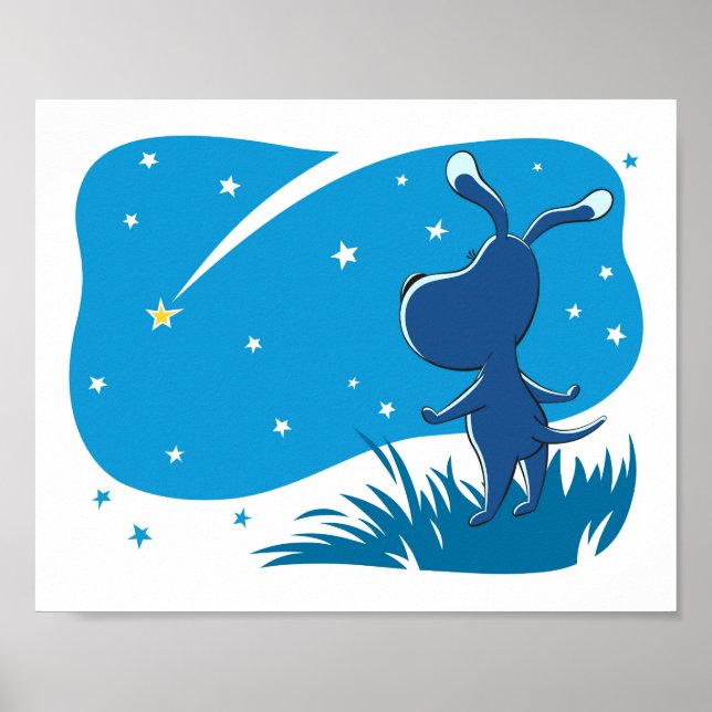 Dog Puppy Shooting Star Night Blue Sky Poster (Front)