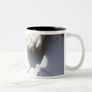 Dog putting his hands on a laptop Two-Tone coffee mug