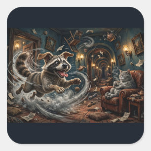 Dog Racoon Chaos – Whimsical Tea Time Cat Sticker