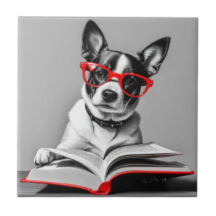 Dog Reading Book Ceramic Tile