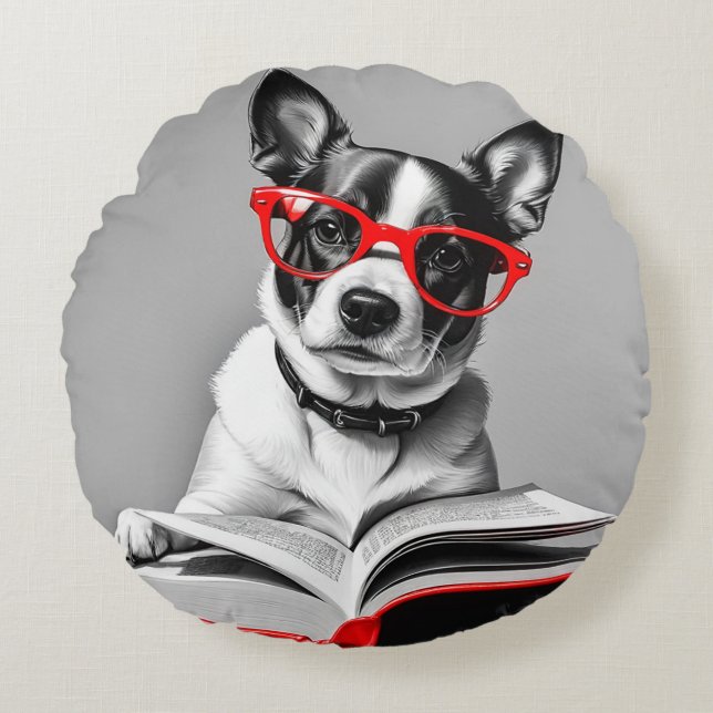 Dog Reading Book Round Cushion (Front)