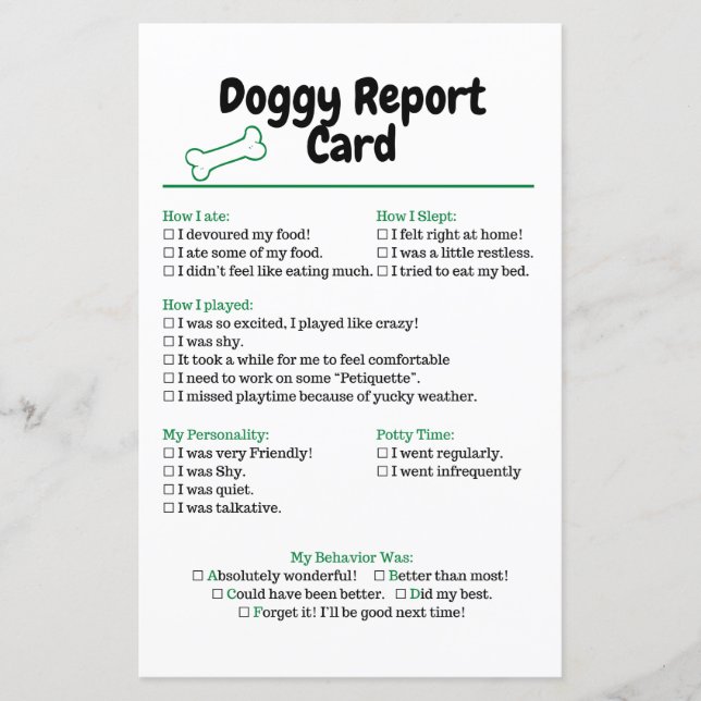 Dog Report Card Pet Sitting Checklist Stationary (Front)