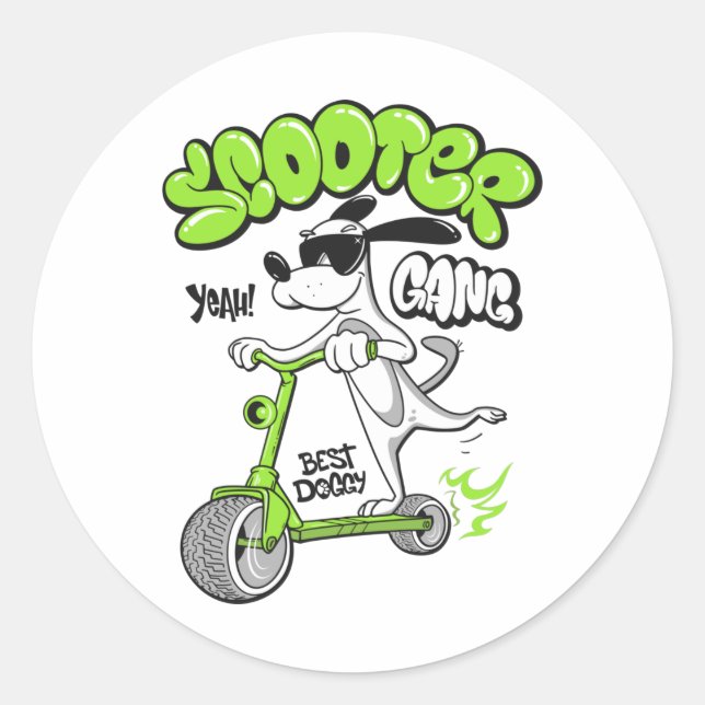 dog riding a scooter classic round sticker (Front)