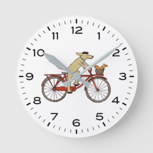 Dog Riding Bicycle with Squirrel Cute Whimsical Round Clock