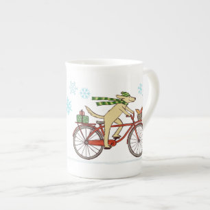 Dog Riding Bicycle with Squirrel Friend Holiday Bone China Mug