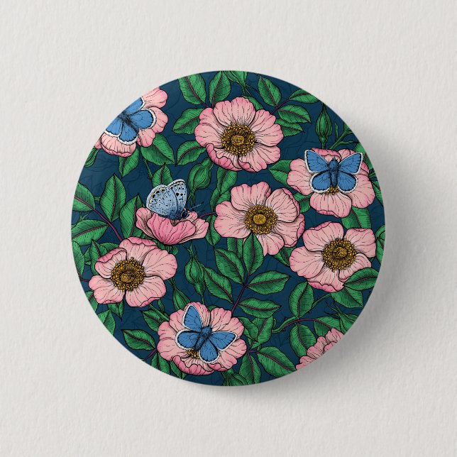 Dog rose and butterflies 6 cm round badge (Front)