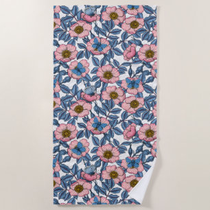 Dog rose and butterflies beach towel