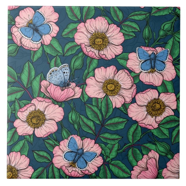 Dog rose and butterflies ceramic tile (Front)