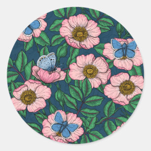 Dog rose and butterflies classic round sticker
