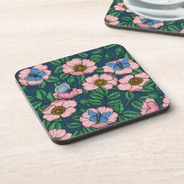 Dog rose and butterflies coaster (Left Side)
