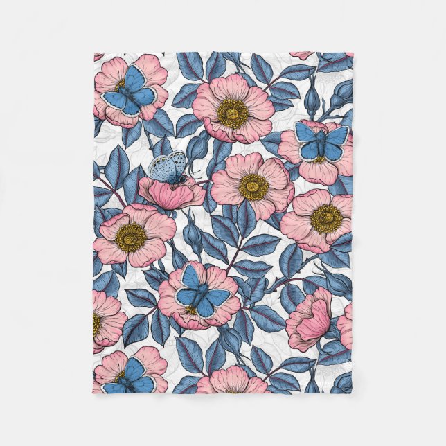 Dog rose and butterflies fleece blanket (Front)